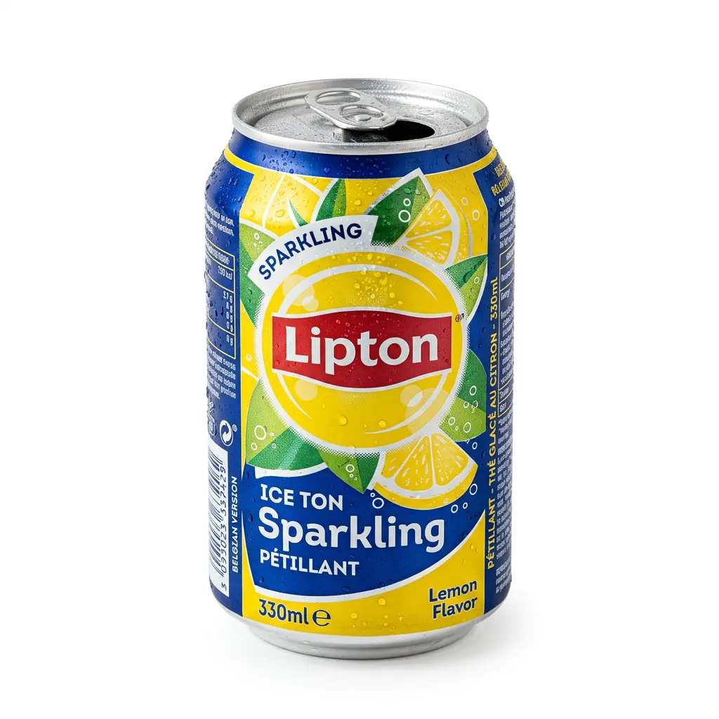 AI Generated Canette Lipton Ice Tea Pétillant Belgique détourée sur fond blanc.webp