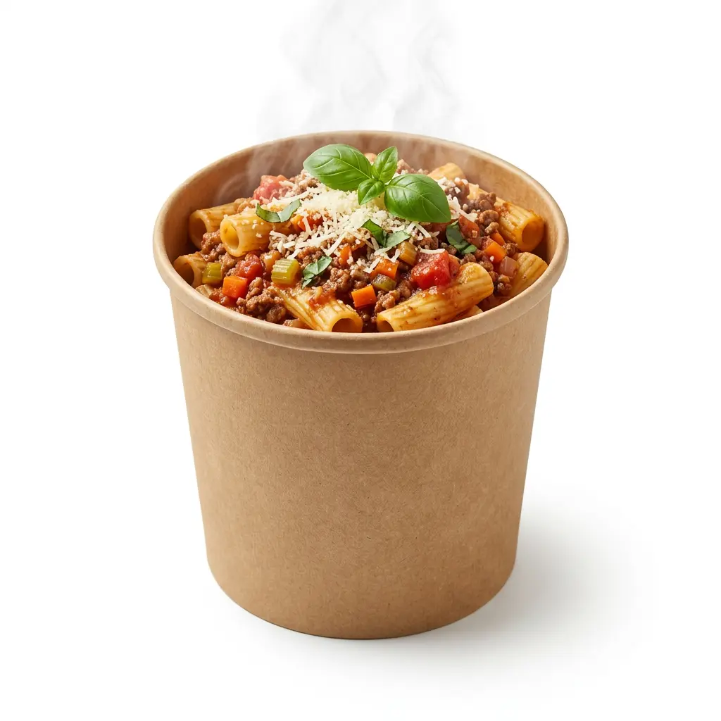 AI Generated Cornet de pâtes bolognaise riche en légumes sur fond blanc.webp