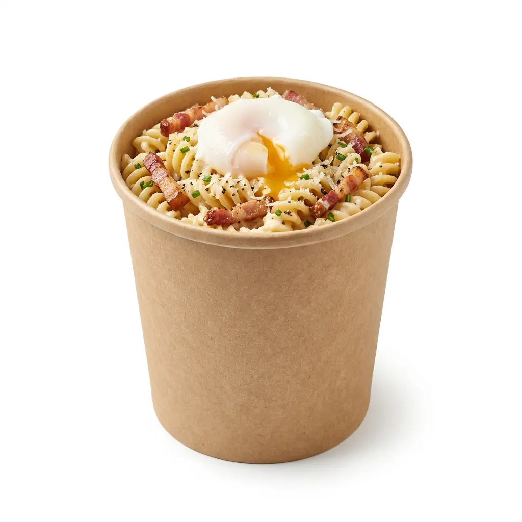 AI Generated Cornet pâtes crème, lardons et œuf parfait détouré.webp