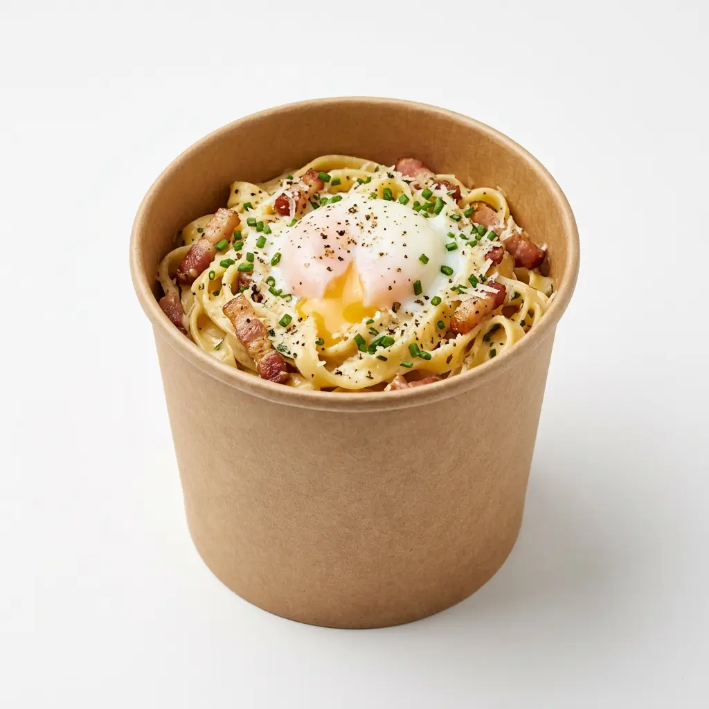 AI Generated Cornet de pâtes crème, lardons et œuf parfait.webp