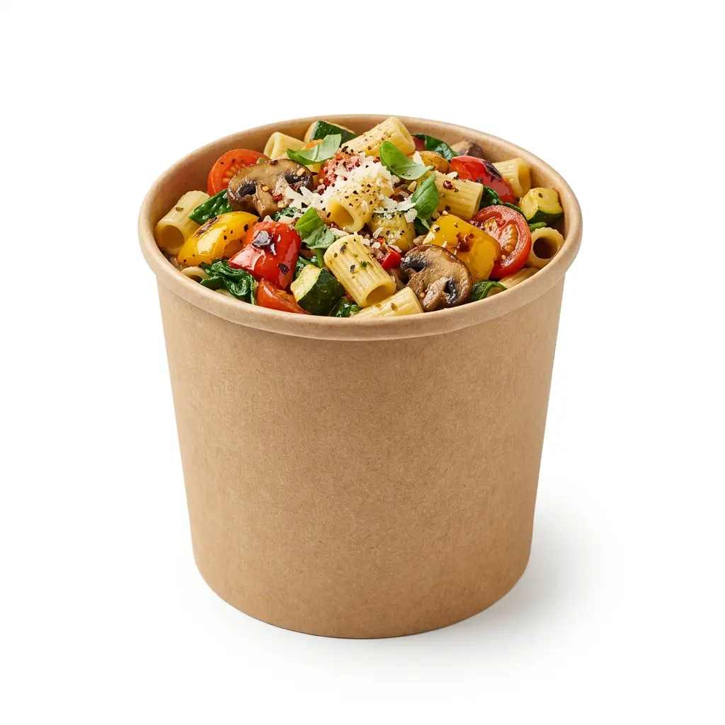 AI Generated Cornet de pâtes végétariennes sur fond blanc.webp