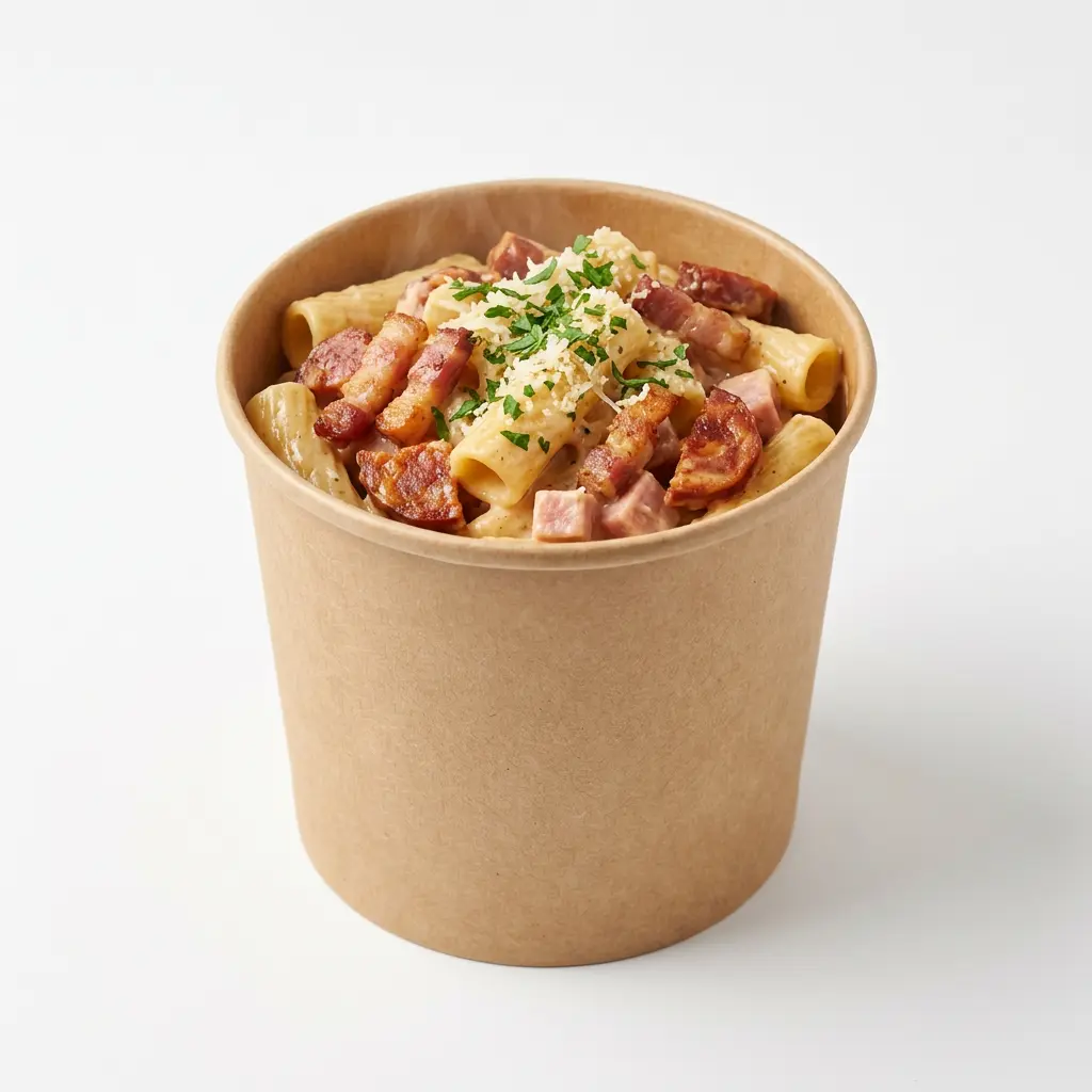 AI Generated Cornet de pâtes lardons, chorizo et jambon.webp